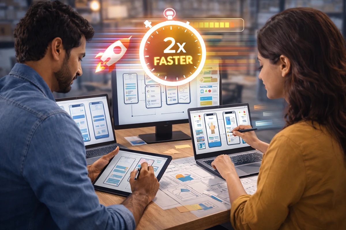 UI UX design and development services showing designers creating app interfaces with 2x faster design process, improving time to market and delivering high-performance user experience solutions.