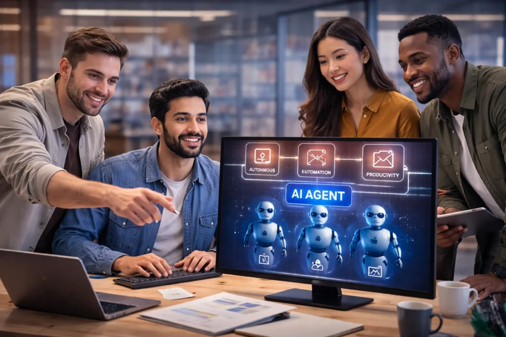 Custom AI agent development services showing autonomous AI agents performing automation tasks, improving productivity, and reducing manual work through intelligent decision-making systems.