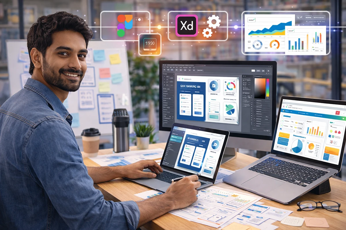 UI UX design and development services using advanced tools like Figma and Adobe XD, showcasing modern interface design, data-driven decisions, and scalable user experience solutions.