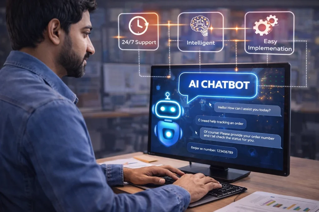 Custom AI chatbot development services showing intelligent chatbot handling customer queries with 24/7 support, easy implementation, and improved customer experience.