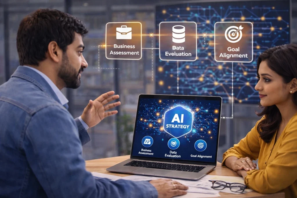 Custom AI development services illustration showing AI strategy planning, business assessment, data evaluation, and goal alignment for tailored artificial intelligence solutions.