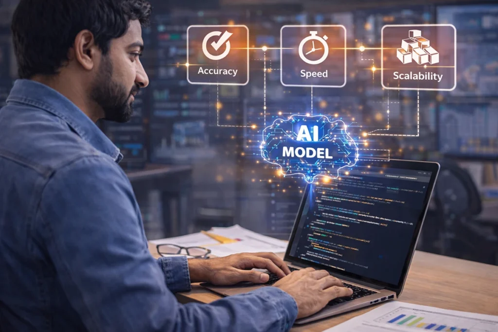 Custom AI model development services showing developer building AI models with focus on accuracy, speed, and scalability for data-driven business solutions.