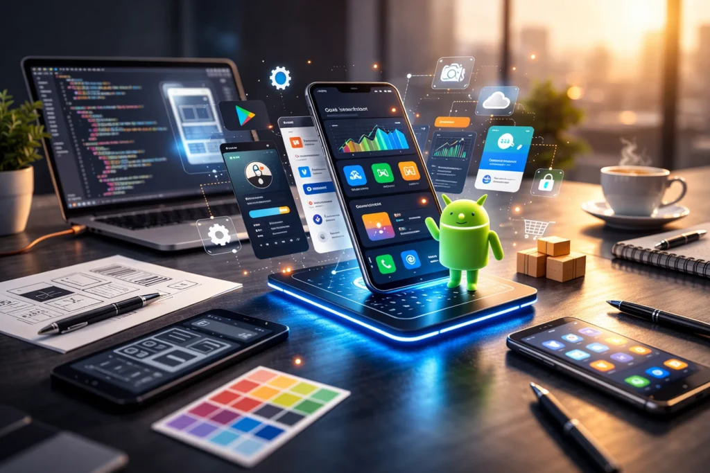 Custom mobile app development workspace showcasing Android app interface design, coding, and scalable mobile solutions for startups and businesses