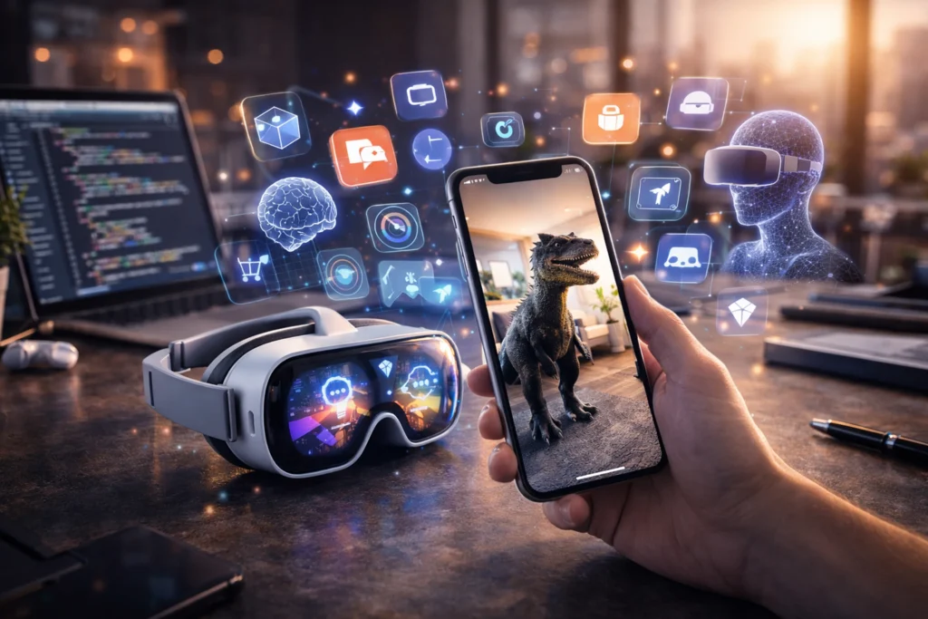 Custom mobile app development showcasing AR VR app experience with smartphone and headset for immersive visualization, interactive engagement, and real-time applications