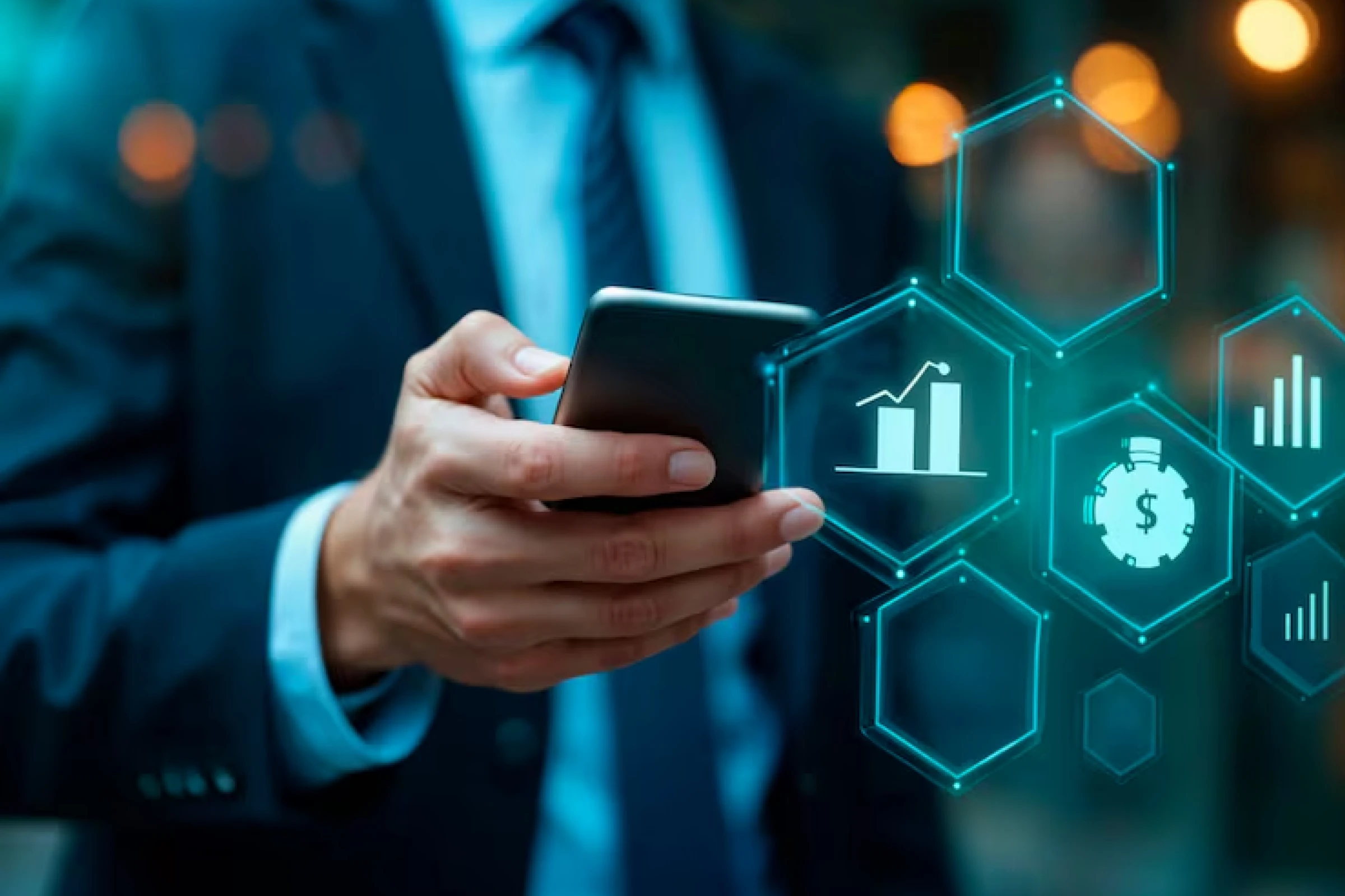 Professional using mobile app for financial and banking services including balance tracking, fund transfers, and investment insights