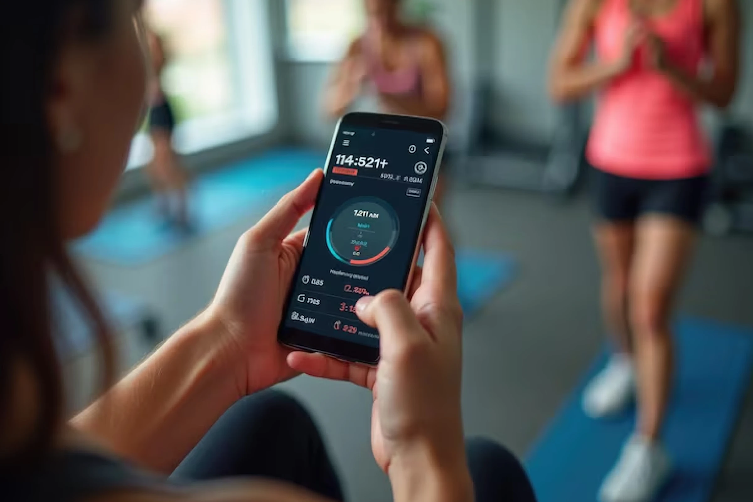 User interacting with fitness app on smartphone for workout tracking, goal monitoring, and virtual coaching features