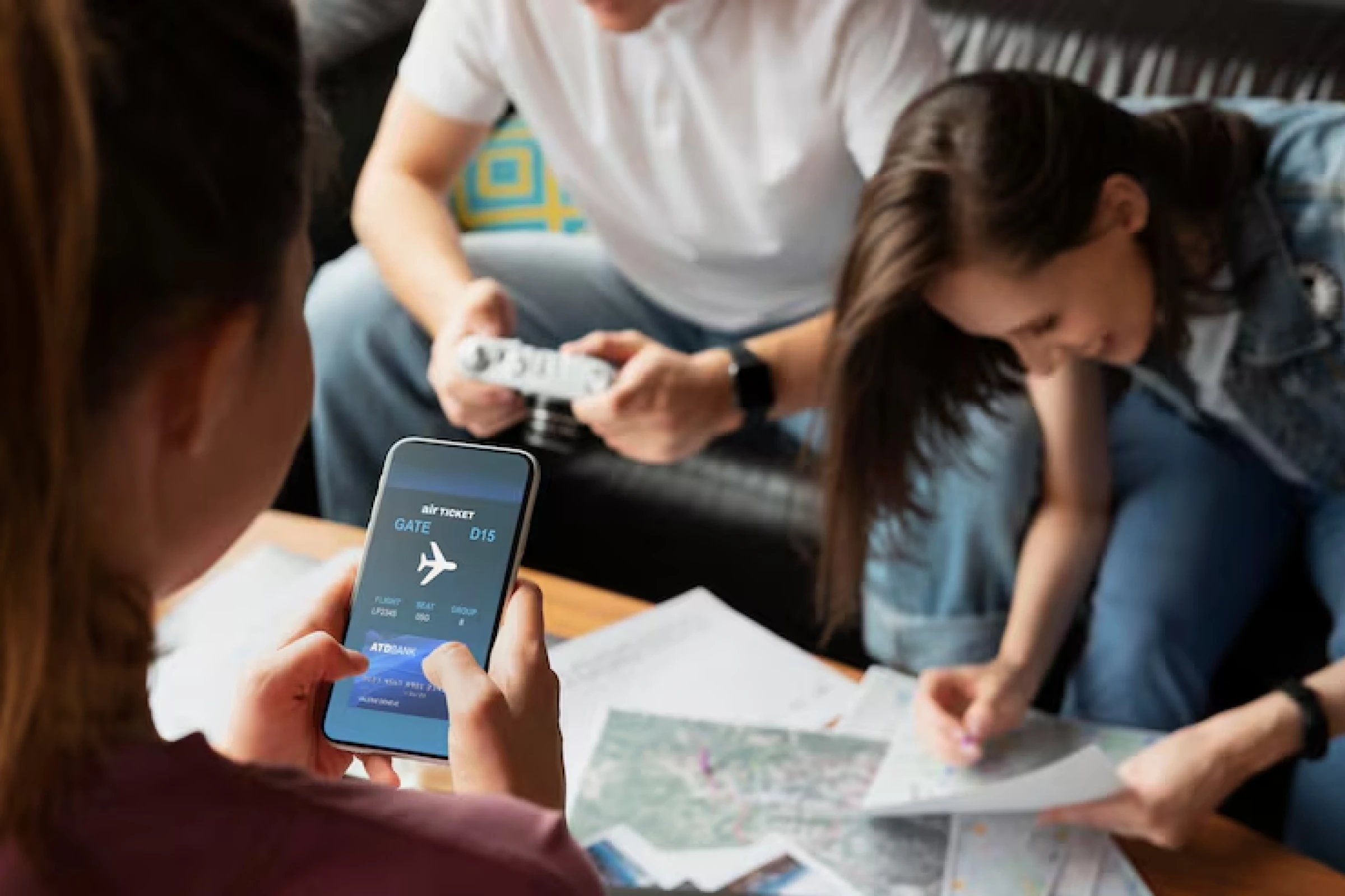 User interacting with a travel and booking app on a smartphone for flight booking, itinerary management, and real-time travel updates