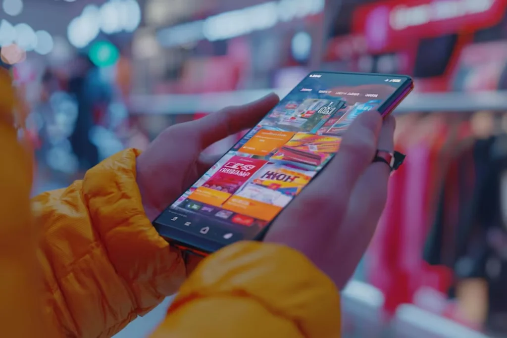 A person interacting with a custom mobile app for retail, showcasing real-time inventory tracking, personalized recommendations, and a streamlined shopping experience. The app is being used on a smartphone with a bright, user-friendly interface.