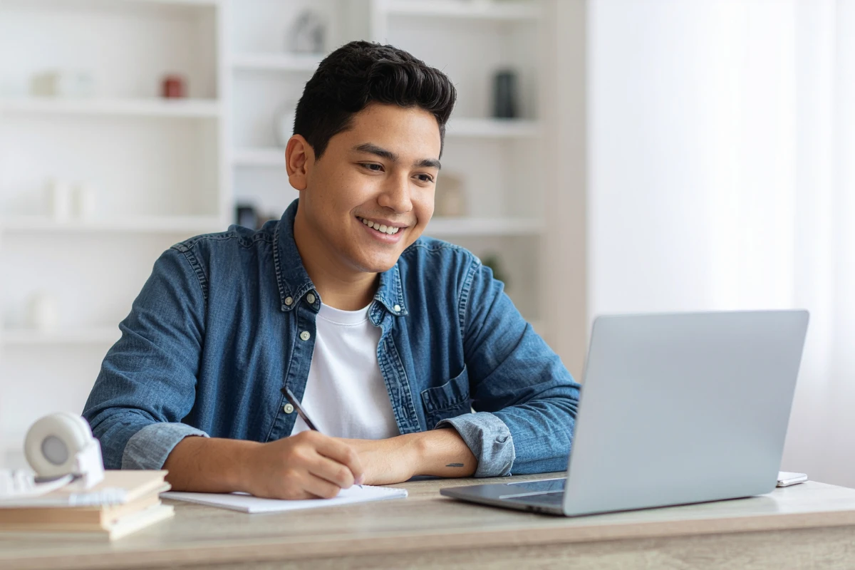 A student engaging with a laptop while taking notes, symbolizing the development of modern learning platforms and student dashboards using ReactJS to create interactive and scalable educational experiences.