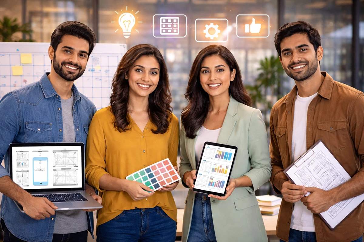 Expert UI UX design team showcasing user interface and user experience design services, with designers presenting wireframes, color palettes, and interface concepts for modern digital products.