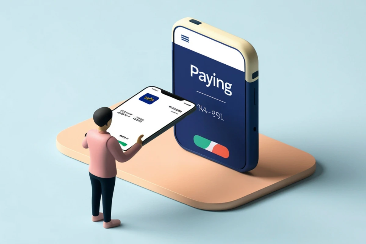A 3D illustration of a person interacting with a mobile payment interface, symbolizing the development of fast, secure, and interactive financial platforms using ReactJS for transaction-based applications and analytics dashboards.