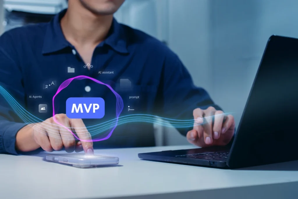 A person interacting with a smartphone displaying an MVP (Minimum Viable Product) with AI-powered features, symbolizing the quick and scalable development of an MVP using ReactJS for startups with tight timelines and limited budgets.