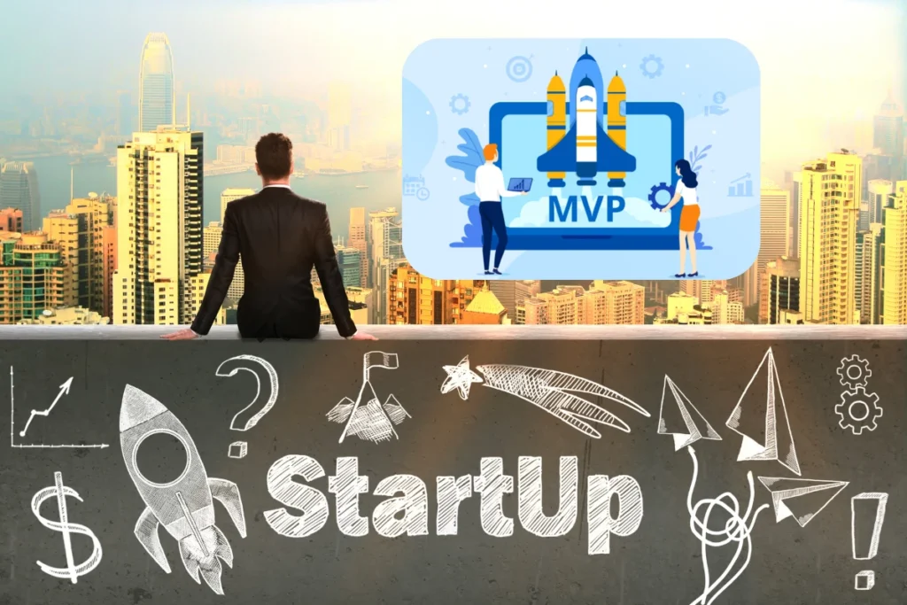 A person looking out over a city skyline, with a digital illustration of an MVP (Minimum Viable Product) launch. The image features rockets and gears, symbolizing startup growth and development.