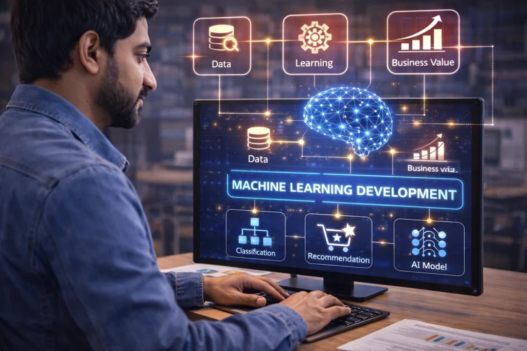 Custom machine learning development services showing AI models for classification, recommendation systems, and data-driven insights to improve business value and performance.