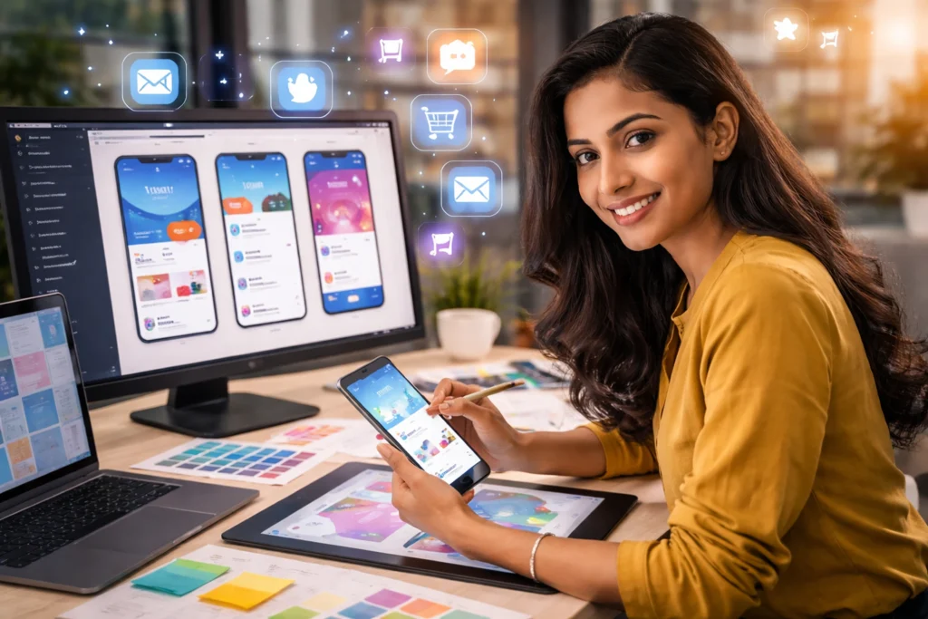 Mobile app UI UX design services showing responsive mobile interfaces for iOS and Android, focusing on smooth navigation, usability, and consistent user experience across devices.