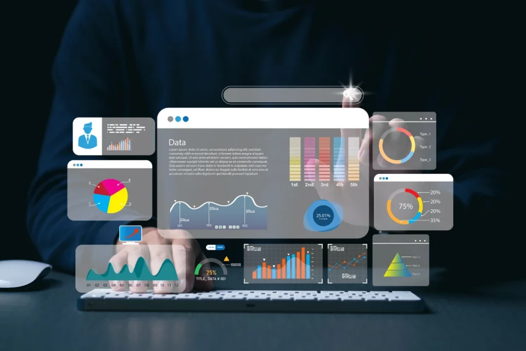 A developer interacting with a digital interface displaying various data visualizations and performance metrics, illustrating performance optimization for web applications to improve speed, load times, and responsiveness.