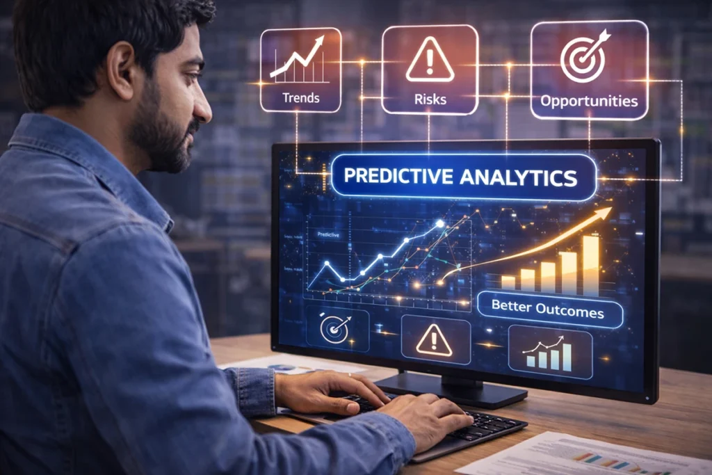 Custom AI development services showing predictive analytics dashboard analyzing trends, risks, and opportunities to improve decision-making and business outcomes.