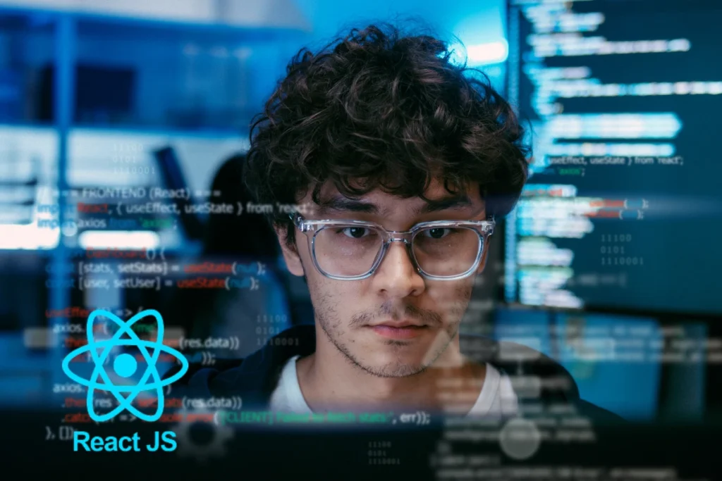A developer focused on ReactJS code, with the React logo visible in the foreground. The image represents upgrading legacy systems to ReactJS for better performance and maintainability.