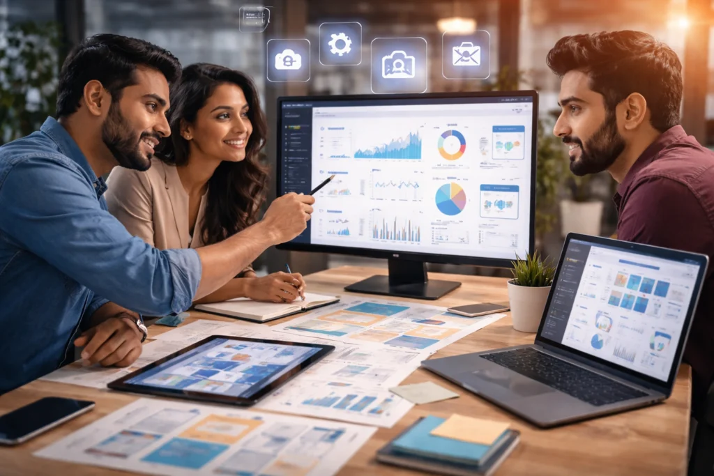 SaaS ui/ux design and development services collaborating on dashboard interfaces, focusing on scalable design, workflow optimization, and user-friendly SaaS platform experience.