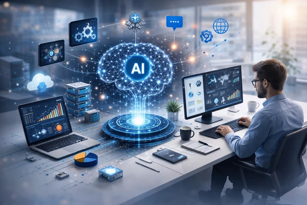 Custom AI development services showcasing technologies like machine learning, deep learning, NLP, computer vision, and data analytics powering scalable artificial intelligence solutions.