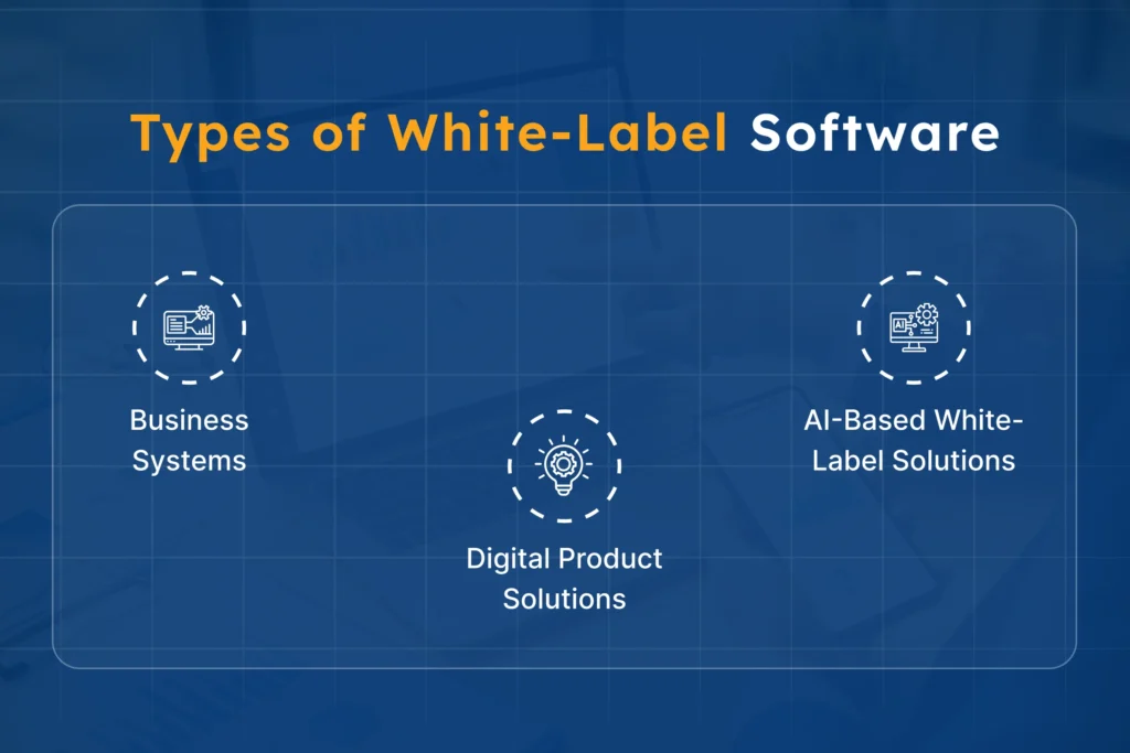 An infographic outlining different types of white-label software, including business systems (CRM, automation tools, analytics dashboards), digital product solutions (SaaS platforms, web and mobile applications), and AI-based solutions (chatbots, automation systems, predictive analytics). Icons represent each type to illustrate their use cases.