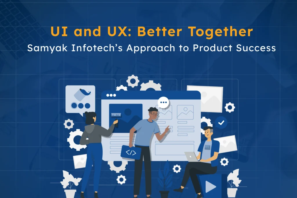 UI and UX design collaboration illustration showing designers working on interface and user experience, highlighting ui vs ux design working together for successful digital products.
