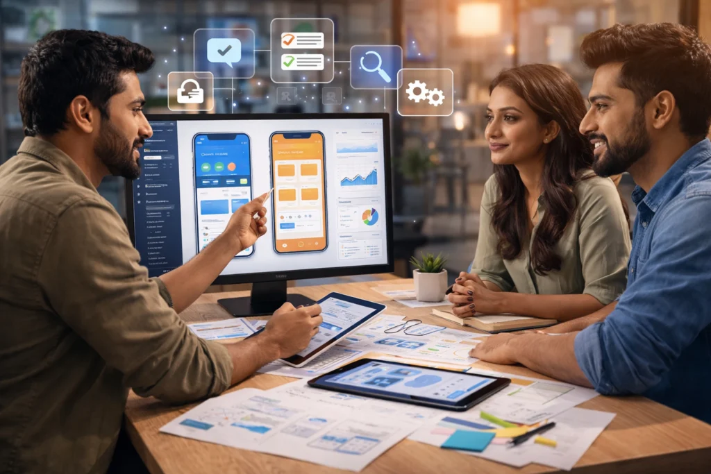 UI UX consulting services showing team reviewing mobile app interfaces and dashboards, identifying usability issues, improving user journeys, and optimizing user experience design.