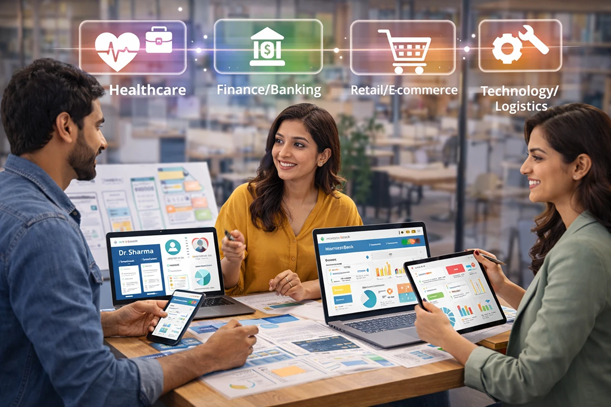 UI UX design and development services across industries including healthcare, finance, ecommerce, and technology, showcasing user-friendly interfaces and adaptable digital product design.