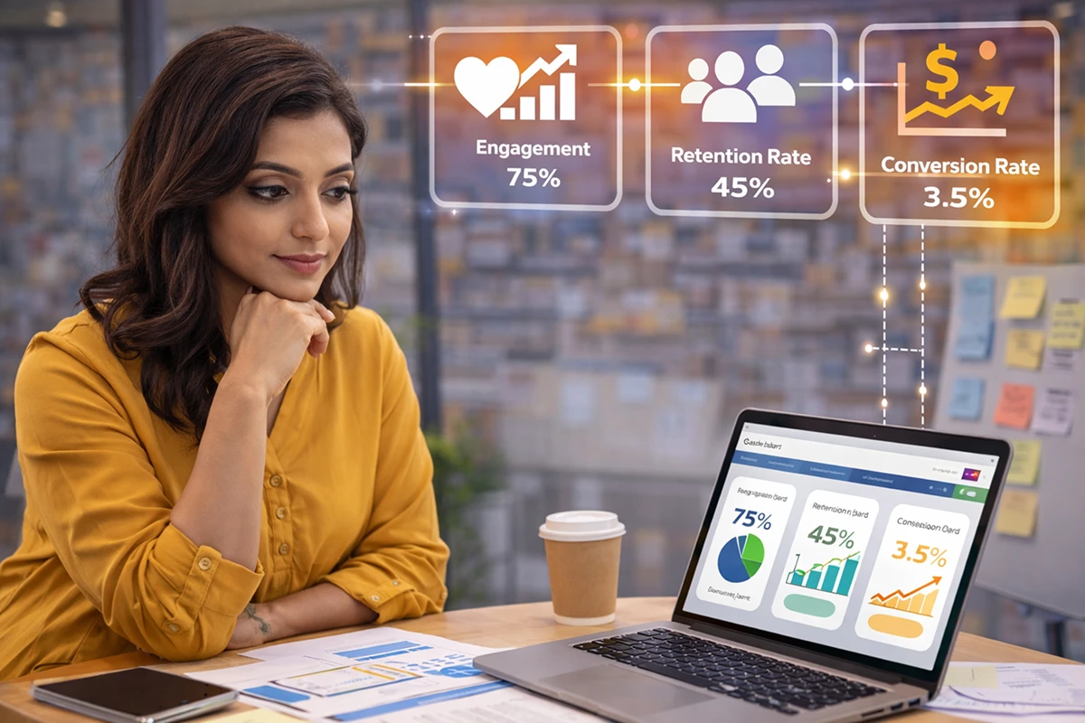 UI UX design and development services showing analytics dashboard improving engagement, retention rate, and conversion rate through user-focused interface and experience design.