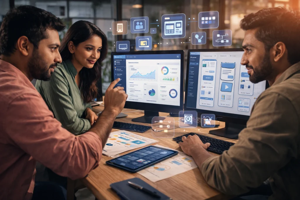 ui/ux design and development services team collaborating on web and app interfaces, showing dashboards, wireframes, and user-centered design for better usability and user experience.