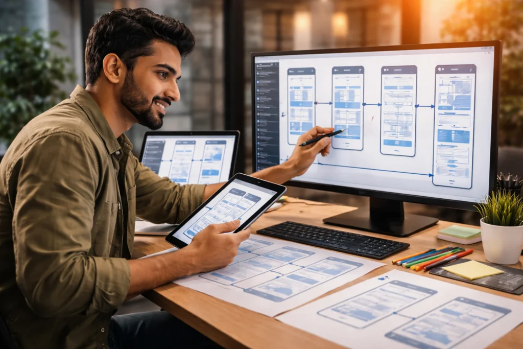 UI UX design services showing prototyping and wireframing process with designer creating app screens, user flows, and interactive prototypes for better user experience design.