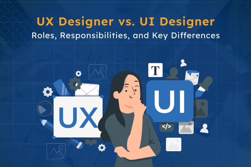 UX designer vs UI designer illustration showing roles, responsibilities, and differences between UX design and UI design, including user journey, research, visual design, and interface elements.