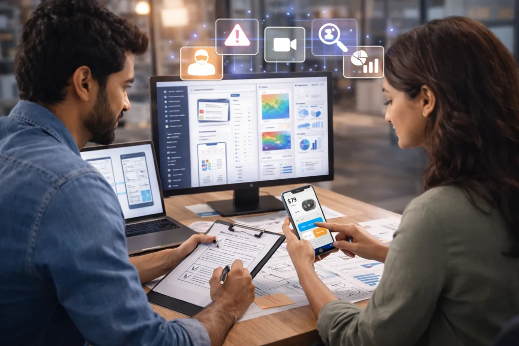 Usability testing and UX audit services showing team analyzing mobile app and dashboard interfaces, identifying user behavior, improving navigation, and optimizing user experience and conversions.