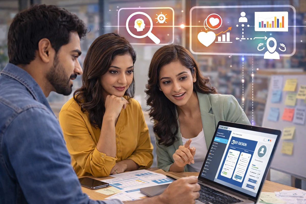 User-centered UI UX design services showing team analyzing app interface based on user behavior, usability research, and interaction patterns to improve user experience.