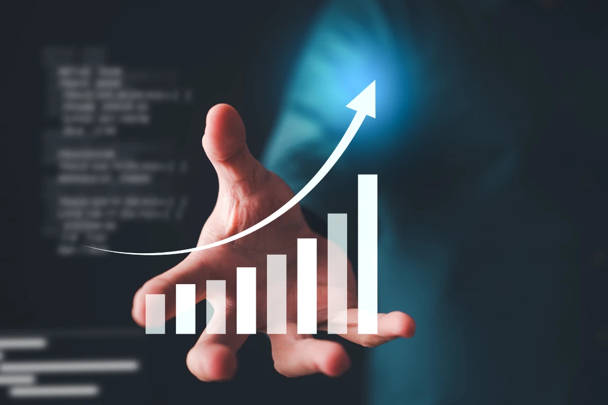 Business professional analyzing financial growth chart using white label AI software for secure fintech platforms, payment systems, and scalable transaction processing