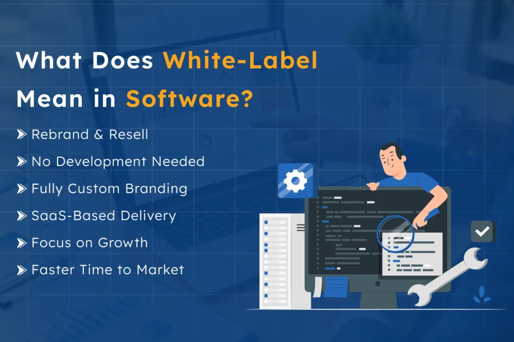 An infographic explaining what is white-label software, highlighting its benefits such as rebranding and reselling, no development needed, custom branding, SaaS-based delivery, growth focus, and faster time to market. It features illustrations of a developer and computer code alongside key points.