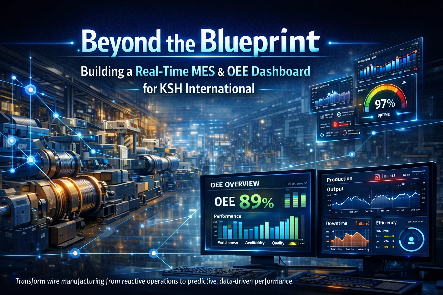 Real-time MES and OEE dashboard monitoring industrial wire manufacturing with IoT predictive maintenance, showing machine performance, uptime metrics, and production analytics in a smart factory environment.