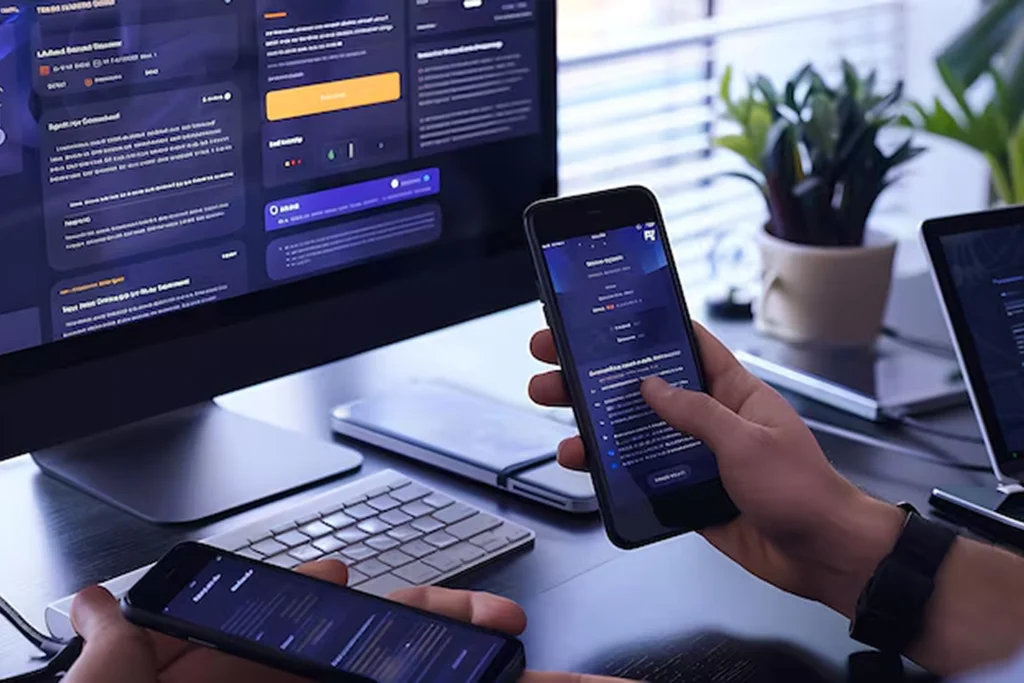 Developer testing white label AI mobile app on iOS and Android devices, ensuring secure, scalable, and cross-platform performance